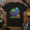 Monster Mash t-shirt design with Frankenstein, werewolf, Dracula, witch, and ghost dancing, text says Monster Mash