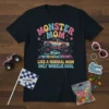 Monster Mom Like A Normal Mom Only Wheelie Cool text design with a colorful monster truck and cars graphic on