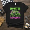Monster Mom t-shirt design with a neon green monster truck and pink flames, featuring the text "MONSTER MOM"
