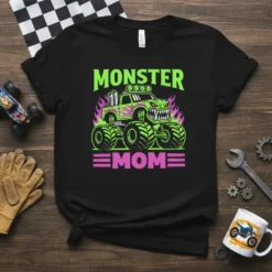 Monster Mom t-shirt design with a neon green monster truck and pink flames, featuring the text "MONSTER MOM"