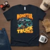 Monster Truck Dad t-shirt design with bold orange text and a blue monster truck graphic crushing tires and rocks