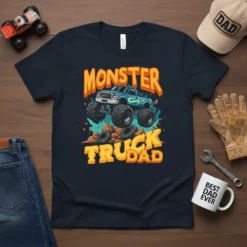 Monster Truck Dad t-shirt design with bold orange text and a blue monster truck graphic crushing tires and rocks