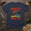 Monster Truck Jam t-shirt design featuring an orange monster truck crushing cars, with bold red text