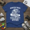 White text and graphic of a monster truck on a stack of books, saying "Monster Truck Makes Me Happy Homework