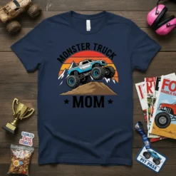 Monster Truck Mom t-shirt design featuring a blue and white monster truck climbing a dirt mound with mountains and a