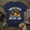 Monster Trucks Are My Jam text with a graphic of a monster truck crushing cars, on a navy blue t-shirt