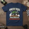 Monster Trucks Arena Smash Fest T-Shirt with "Bigger! Louder! Faster!" text and a green monster truck crushing cars