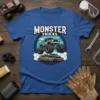 Monster Trucks graphic tee featuring a large monster truck crushing cars, with "MONSTER TRUCKS" text above
