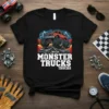 Monster Trucks Trucks text design featuring a large red monster truck crushing cars with lightning background