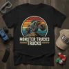 Monster Trucks Trucks text design with a monster truck graphic and vintage sunset background