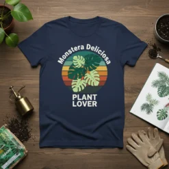 Monstera Deliciosa Plant Lover t-shirt with tropical leaf graphic and retro sunset circle