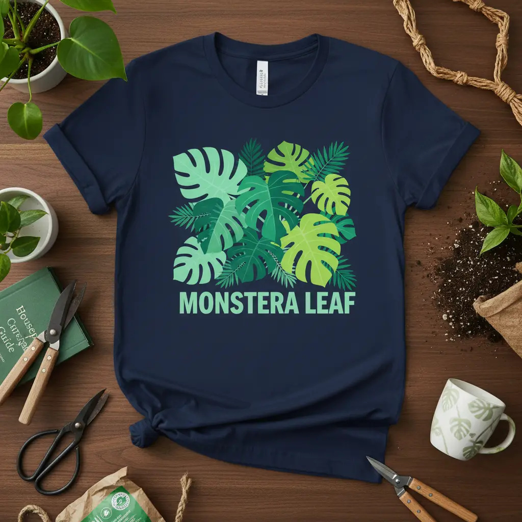 Monstera Leaf text graphic with overlapping lush green tropical plant leaves on a navy shirt
