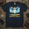 MONTANA Big Sky t-shirt design with bull skull, mountains, river, and cowboy on horseback