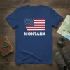Montana USA flag graphic t-shirt design with "MONTANA" text in white, showcasing state pride