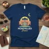 Montpellier France text and landmark illustration on a navy blue t-shirt, perfect for travel souvenirs