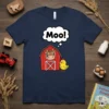 Moo! t-shirt design with a cartoon cow in a barn and a yellow chick, speech bubble says Moo!