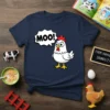 White chicken graphic with "MOO!" speech bubble, on a navy blue t-shirt, featuring farm animal humor