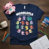 T-shirt design titled Moodlotls How Do You Feel Today? showcasing various axolotl characters expressing different emotions like happy, confused, and