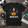 T-shirt with "MOON BTC" text, a Bitcoin symbol on a moon, and a rocket launching into space