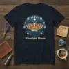 Moonlight Bloom t-shirt with a brown moth, moon phases, and flowers on a dark blue striped circle