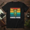 Retro MOOSE MODE t-shirt design with a moose wearing sunglasses on a striped background