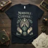 Morbidly Curious t-shirt design with a skeleton, moths, keys, and potion bottles in a gothic illustration style