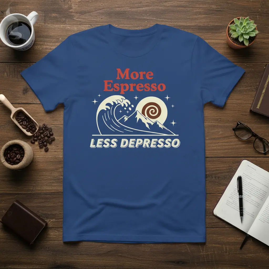 More Espresso Less Depresso quote tee with ocean wave, mountain, and sun graphic, celebrating coffee lovers