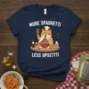 More Spaghetti Less Upsettti funny cat t-shirt with a cartoon cat eating spaghetti and wearing a chef's hat