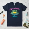 Navy blue t-shirt with "More Sunshine Please" text and a retro sun graphic over waves