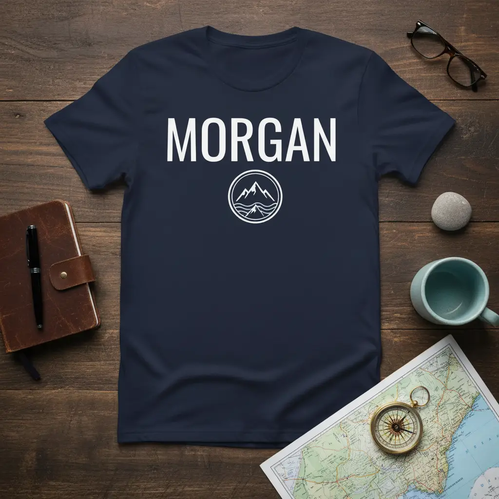 Navy blue tee displaying the name Morgan with a white circular mountain range graphic