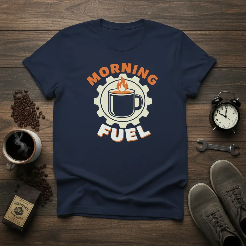 Morning Fuel coffee mug design with flames inside a gear graphic on a navy t-shirt