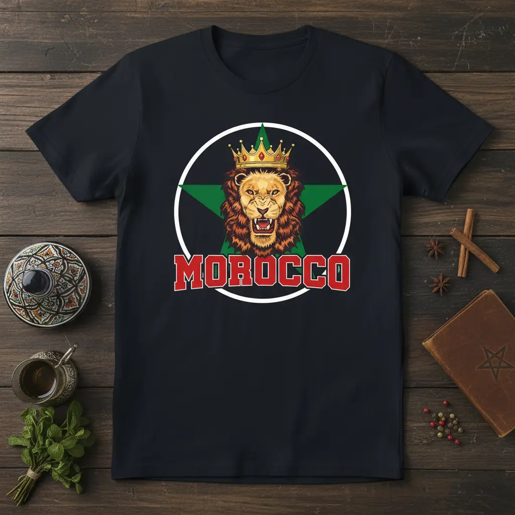 Morocco Lion Crown T-Shirt design featuring a regal lion with a crown and the word MOROCCO