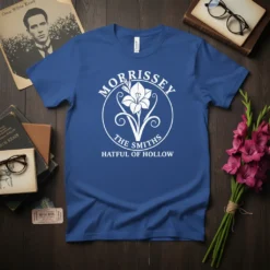 Morrissey The Smiths Hatful Of Hollow t-shirt design featuring a circular emblem with a lily and band names