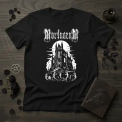 Mortuorum Gothic Cemetery T-Shirt with a black t-shirt featuring a white gothic castle design and tombstones
