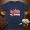 Moscow Russia skyline graphic t-shirt featuring red and white text and iconic Kremlin architecture