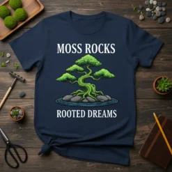 Moss Rocks Rooted Dreams t-shirt with a stylized bonsai tree on grey rocks in water, white text above and below