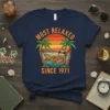 Most Relaxed Since 1971 T-Shirt with a sloth in a hammock against a sunset backdrop