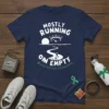 Navy t-shirt with white text reading "Mostly Running On Empty" and "#GastroparesisWarrior" with a graphic of a fuel gauge and