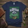 Mostly Scottish And A Wee Bit Irish text with Celtic knot design and bagpipes and harp graphic on a navy