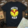 Moth Man t-shirt design featuring the cryptid in front of a moon and bridge, with white text