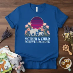 MOTHER & CHILD FOREVER BONDED text with elephants and flowers graphic on a blue t-shirt