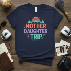 Mother Daughter Trip text design with a camper van, sunset, and pine trees, perfect for family travel lovers