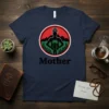Navy blue t-shirt featuring the word "Mother" and a circular graphic of a mother holding a baby, with mountains and