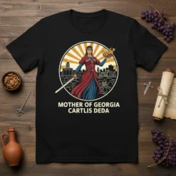 Mother of Georgia Cartlis Deda text with illustration of the iconic statue and Georgian city skyline on a black t-shirt