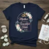 Navy blue t-shirt with floral wreath and wedding rings, text reads "Mother OF THE MOST Beautiful Bride Bride"
