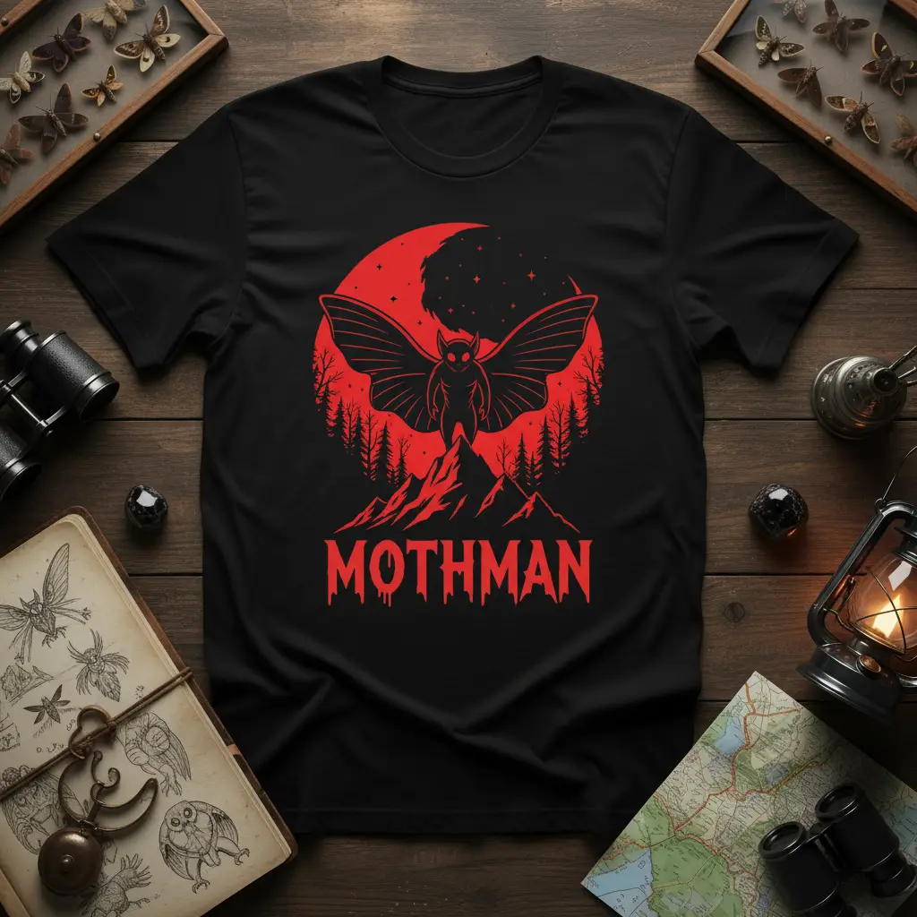 Black t-shirt with red Mothman graphic, mountains, and moon, perfect for cryptid fans and paranormal investigators