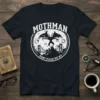 Mothman Point Pleasant WV t-shirt design featuring the cryptid, bridge, and mountains in a circular emblem