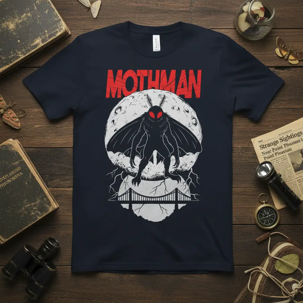 Mothman cryptid design with red text, full moon, and bridge silhouette on a dark tee