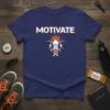 Navy t-shirt with the word MOTIVATE in white and orange text, above an upward-pointing arrow graphic with sun rays