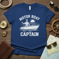 Motor Boat Captain t-shirt design with a stylized illustration of a man in a boat under a sun graphic
